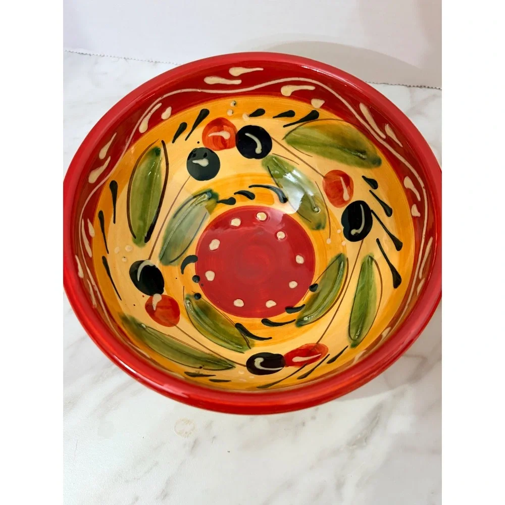 Pier 1 Imports Hand Painted Ceramic Olive Bowls Spain Set of 2 Yellow Red 5.5in